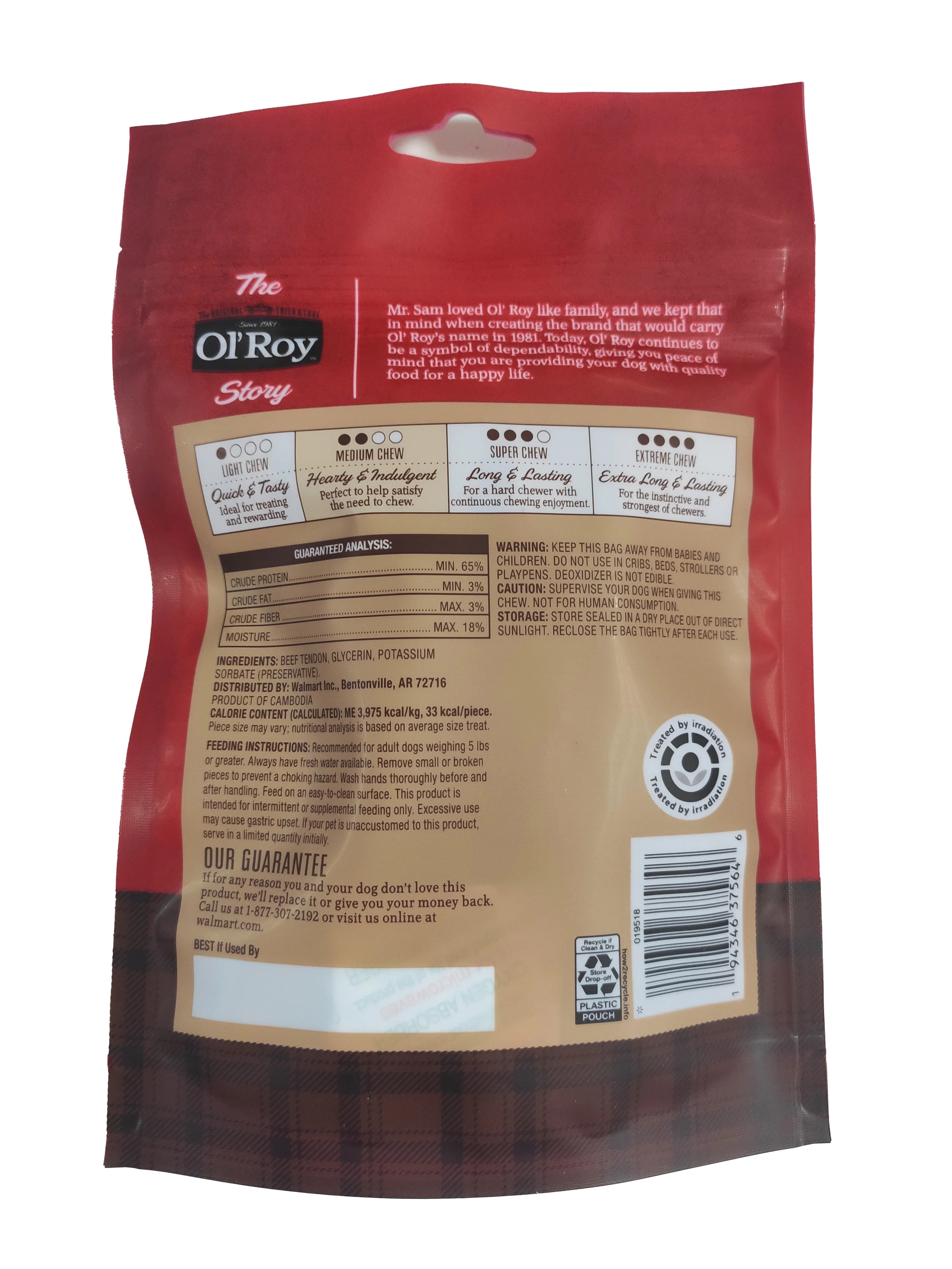 Ol' Roy Beef Tendon Chews for Dogs, Original Flavor, 3.53 oz Bag