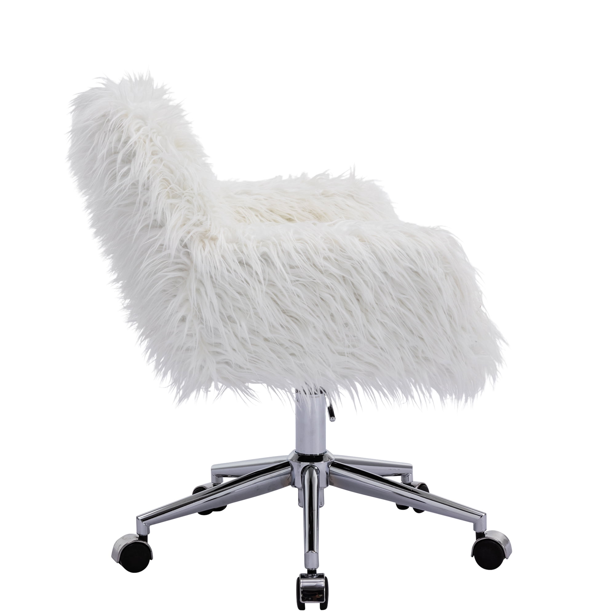 KCC Fluffy Office Desk Chair, Faux Fur Modern Swivel Armchair with Wheels, Soft Comfy Fuzzy Elegant Accent Makeup Vanity Chairs for Women Girls, Home Living Dressing Room Bedroom, White