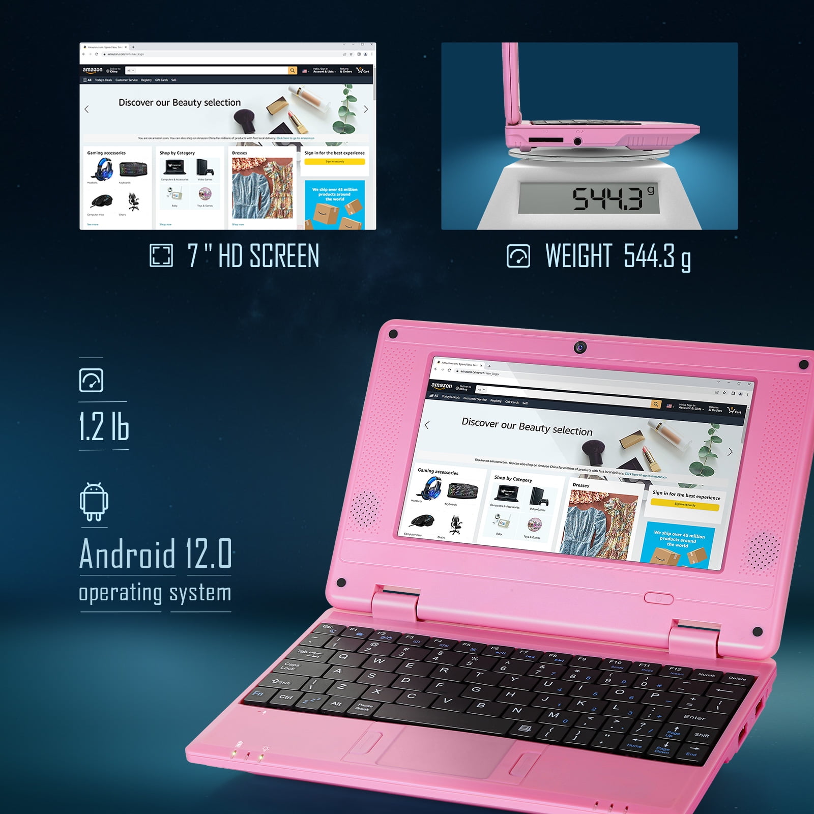 NBD Laptop Computer(7 inch), Quad Core Powered by Android 12.0, Netbook Computer with WiFi, Webcam and Bluetooth, Mini Laptop with Bag, Mouse, and Mouse Pad for Kids（Pink）