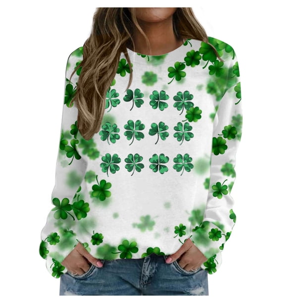 Xuyuer Women's Round Neck St. Patrick's Day Printed Long Sleeve Shirts Sweatshirt - Festive Holiday Graphic Pullover Top for Seasonal Parties, Gift Exchanges and Cozy Spring Summer Wear