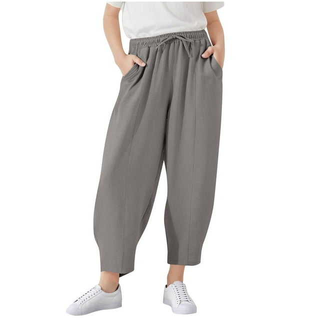 MIASHUI Girls' Pants Straight Leg Casual Bottoms Solid Drawstring Elastic Waist Trousers,Grey,5-6 Years