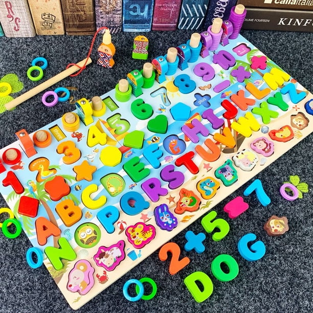 QWZ niños Montessori juguetes educativos de matemáticas de madera niños tablero ocupado conteo forma colores partido pesca rompecabezas juguetes de aprendizaje regalos Tan Jianjun unisex