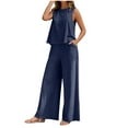 thumbnail image 3 of ZZwxWA Women's Two Piece Outfits Summer 2025 Solid Color Sleeveless Crew Neck Outfit Casual Wide Leg Pants Set with Pockets, 3 of 6