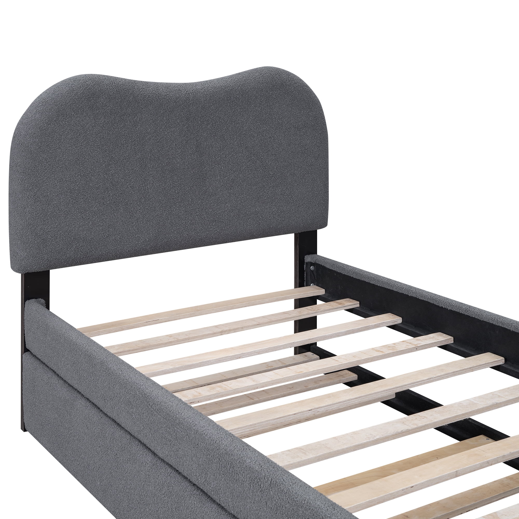 EUROCO Upholstery Twin Size Platform Bed with Twin Size Trundle, Wood Support Legs for Kids, Gray