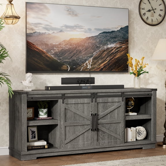 Farmhouse TV Stand for 55/65/75 Inch TVs, 66'' Wide Entertainment Center with Storage and Sliding Barn Doors, Media Console TV Cabinets with Adjustable Shelf for Living Room, Bedroom, Grey