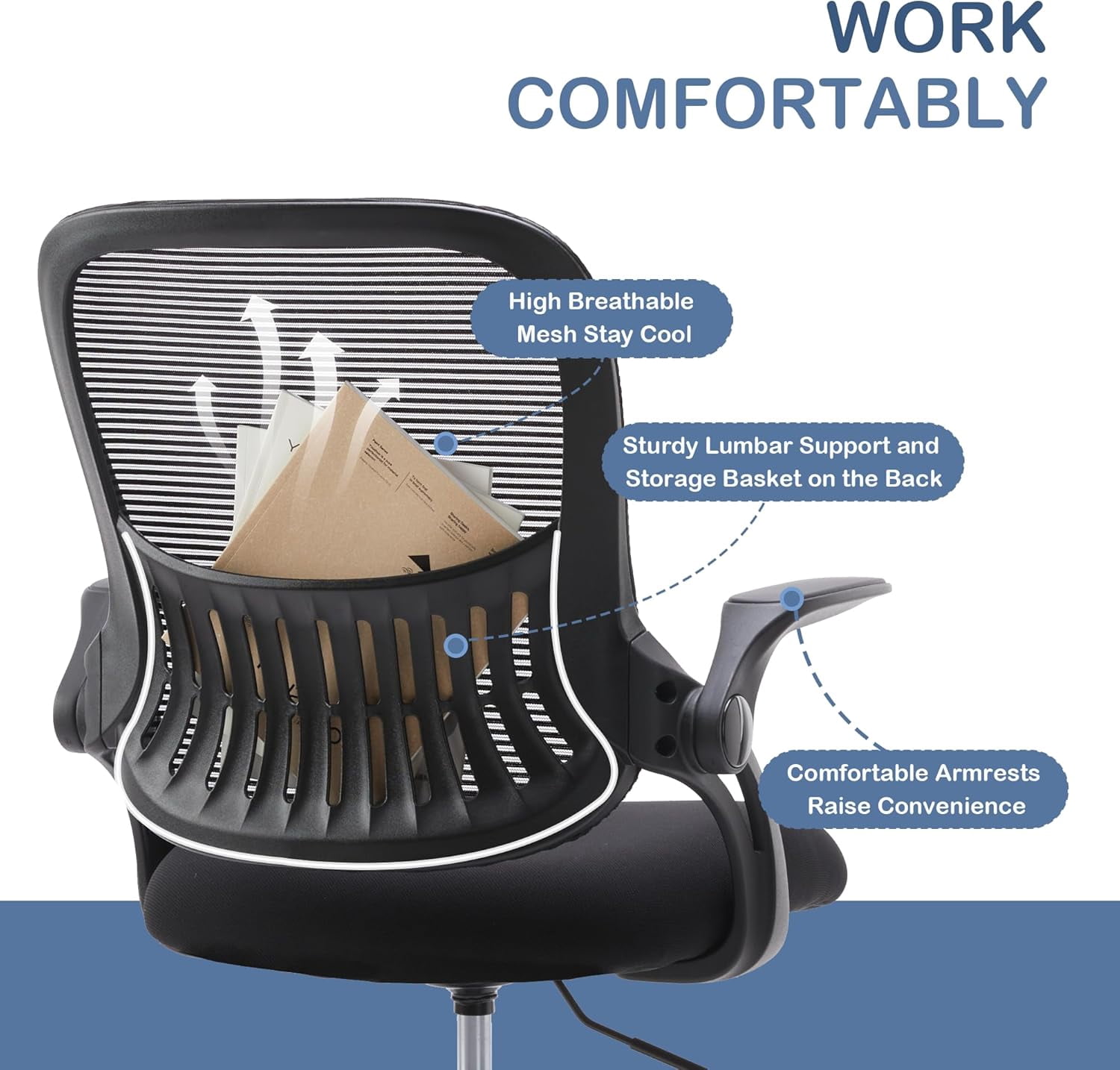 Ergonomic High-Back Mesh Office Chair - Breathable Waist and Back Support Computer Chair with Adjustable Armrests, Height Adjustment, and 360° Swivel Base(Black)