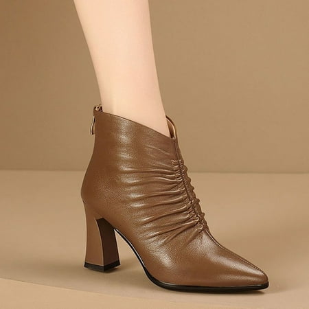 

Women‘s Ankle V Cut Chunky Heel Boots Solid Color Non Slip Back Zipper Pointed Toe Shoes Women‘s Footwear