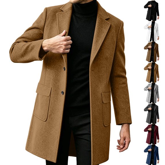 Men's Notched Collar Peacoat Button Down Overcoat Relaxed Business Casual Trench Coat,Fall Winter Daily Outing Wear,Brown,XXL