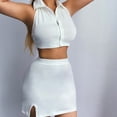 thumbnail image 4 of Women Summer 2 Piece Bodycon Outfits Set Sleeveless Halter Backless Lapel Button Crop Top with High Waist Split Mini Skirt Party Clubwear, 4 of 21