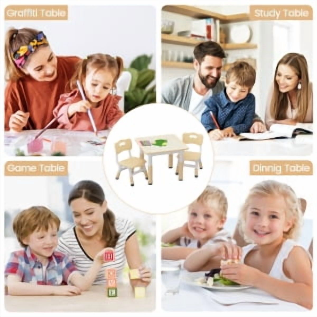 Kids Table & 2 Chair Set,Square Table and Chairs Set,Height Adjustable Toddler Table with Graffiti Desktop,Children Multi-Activity Table for 2,Kids Furniture for Ages 2-8