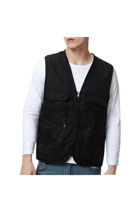 Men's Utility Vest Zipper Front Fishing Vest with Multiple Pockets Lightweight Outdoor Wear for Hiking Camping Travel Jacket