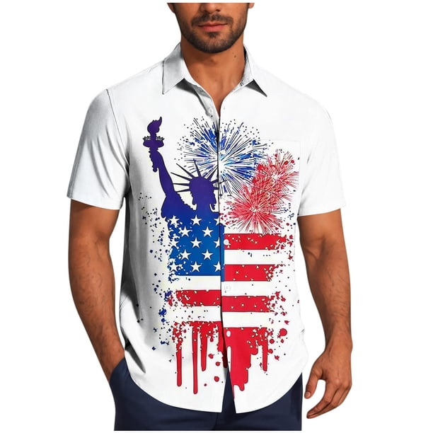Mens Casual Manga Corta Botón Abajo Camisas, Cuello de Vuelta Impresión Del Día de la Independencia para el Verano, Al Aire Libre Y Casual