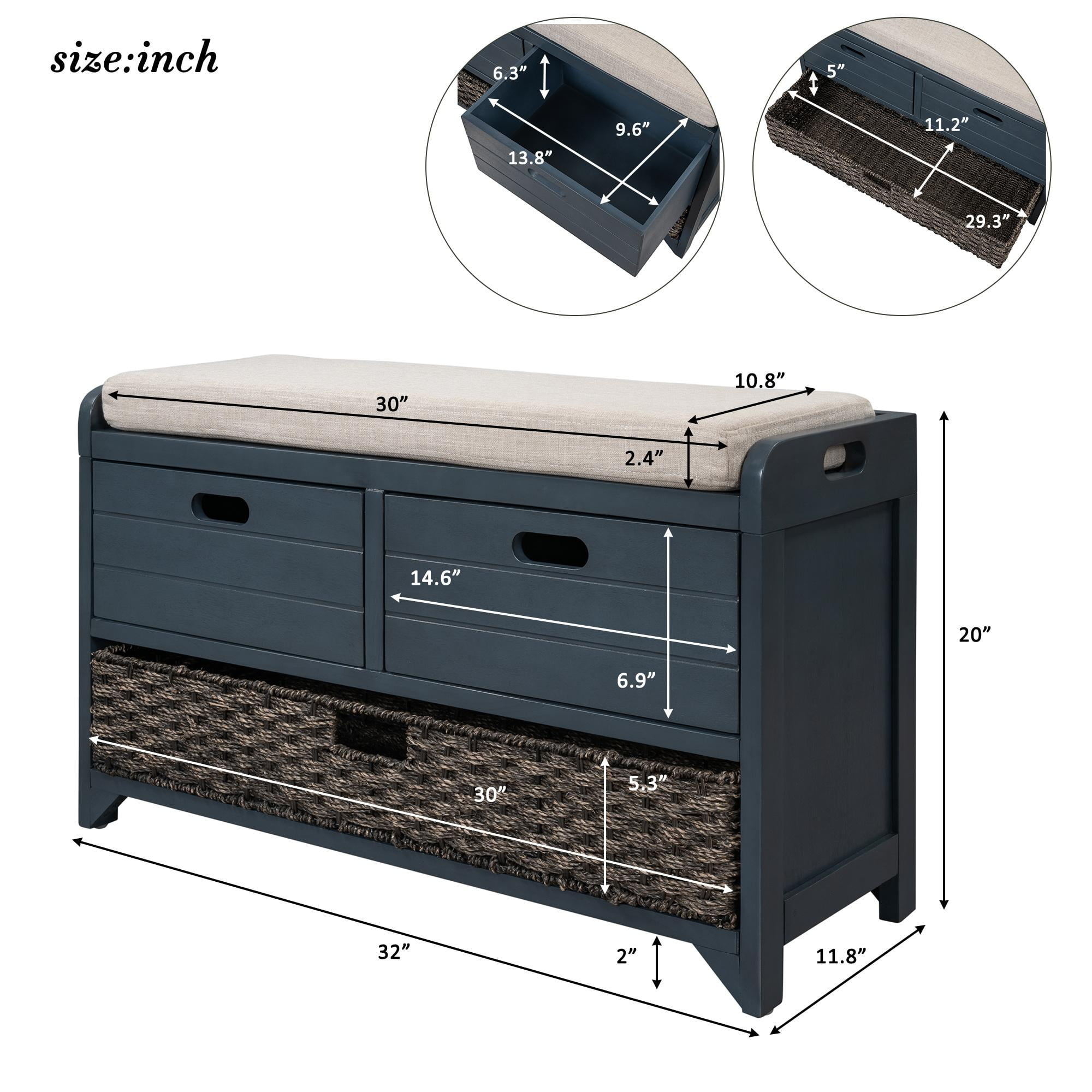 Narrow Storage Bench Solid Wood Entryway Bench with Removable