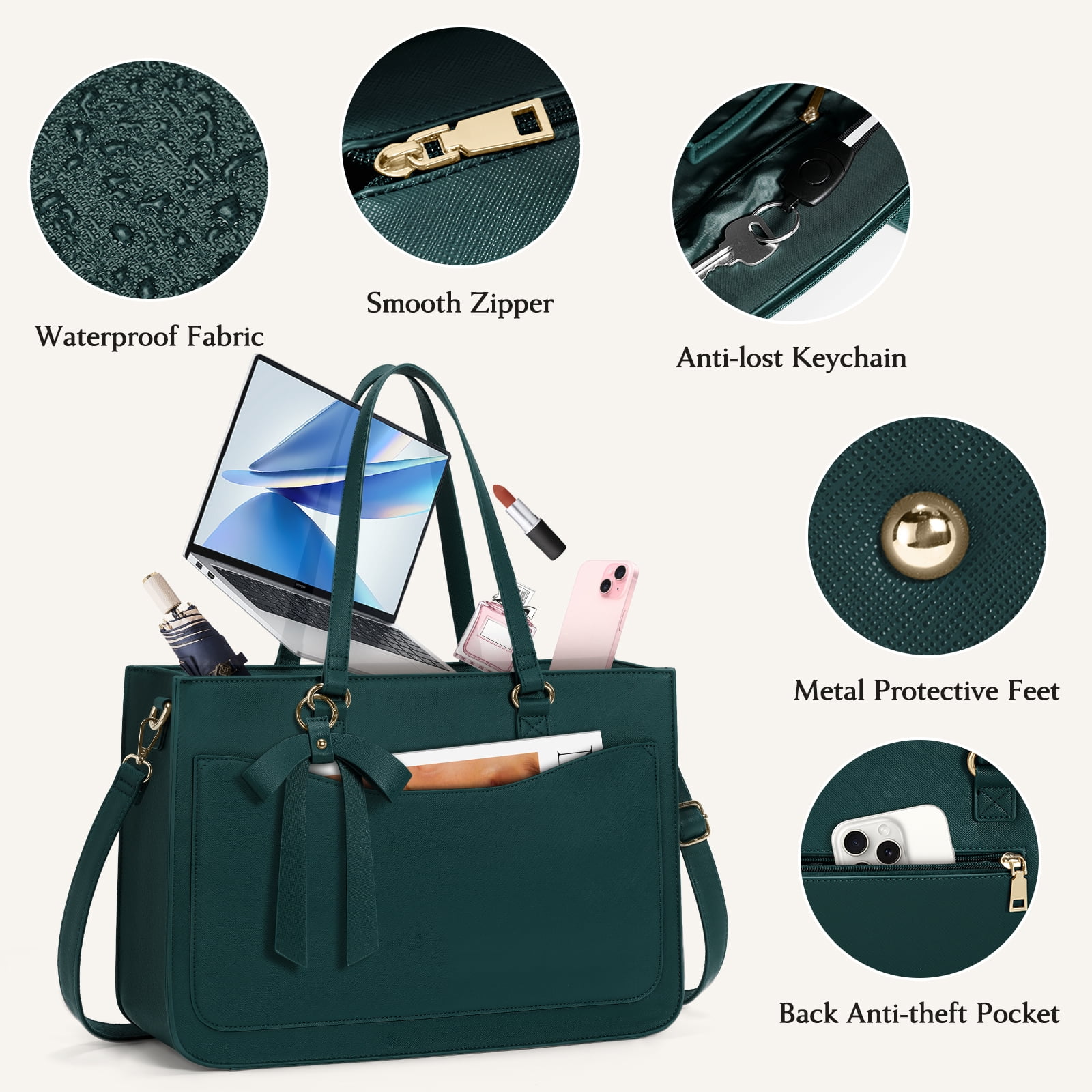 RAINSMORE Women's Handbag 15.6 Inch Leather Tote Bags Waterproof Laptop Briefcase Office Business Work Travel Handbag for College Teacher