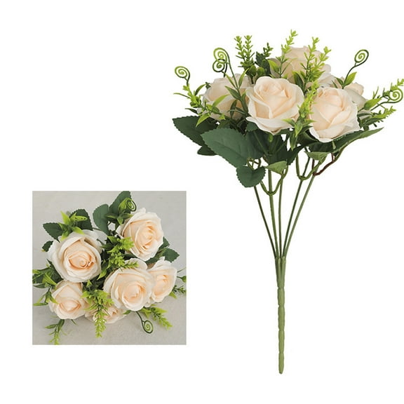 Beige Artificial Silk Rose Stem 11.4 Inch 6 Heads Real Touch Flower For Wedding Bouquet Home Table Decor