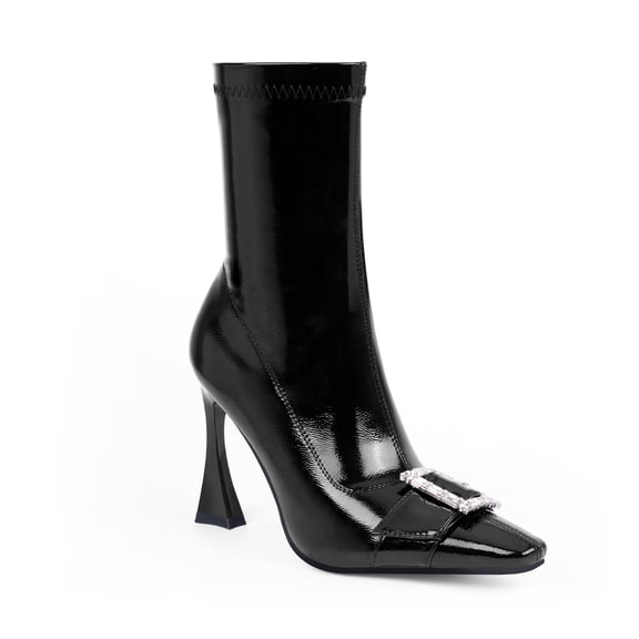 YOWMNS Women's Fashion Rhinestone Buckle Stiletto High Heel Ankle Boots Closed Square Toe with Side Zipper Patent Leather Dress Party Booties(Black, 6)
