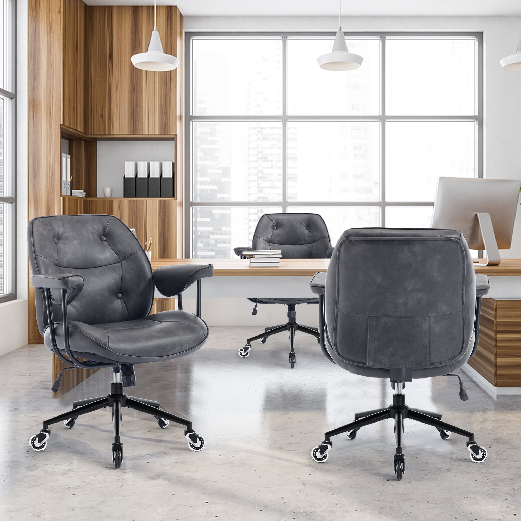 Mid Century Modern Office Desk Chair with Wheels and Arms, Mid Back Ergonomic Office Chair with Lumbar Support, Swivel Leather Computer Desk Chair for All Day Comfort
