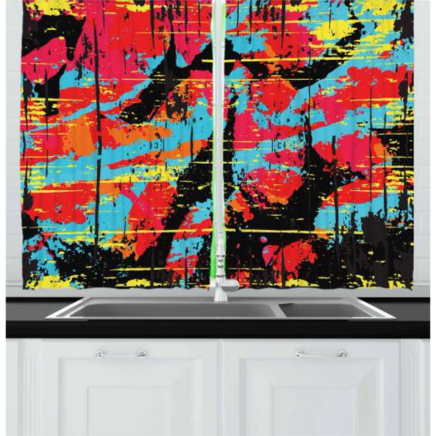 Urban Graffiti Curtains 2 Panels Set, Sketchy Graffiti Design with Grungy Dripping Paint Drops