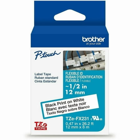 Brother P-touch TZeFX231 Laminated Label Tape, Black Print on White Label, 12mm x 8m