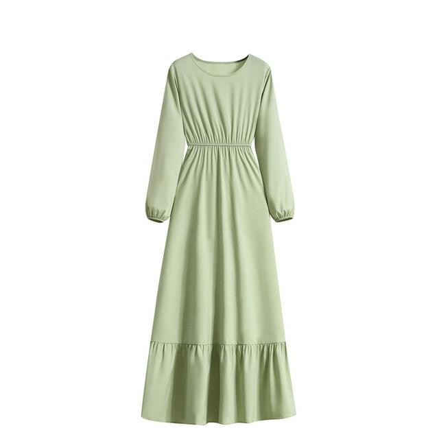 QIPOPIQ Femmes 2024 Robe Midi à Manches Longues, Col Ras du Cou, Taille Empire, à Volants, Smockée, Liquidation