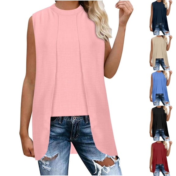 ZyeKqe Womens Sleeveless Shirts Casual Crewneck Sleeveless Top Solid Color Irregular Slim Dress Tops