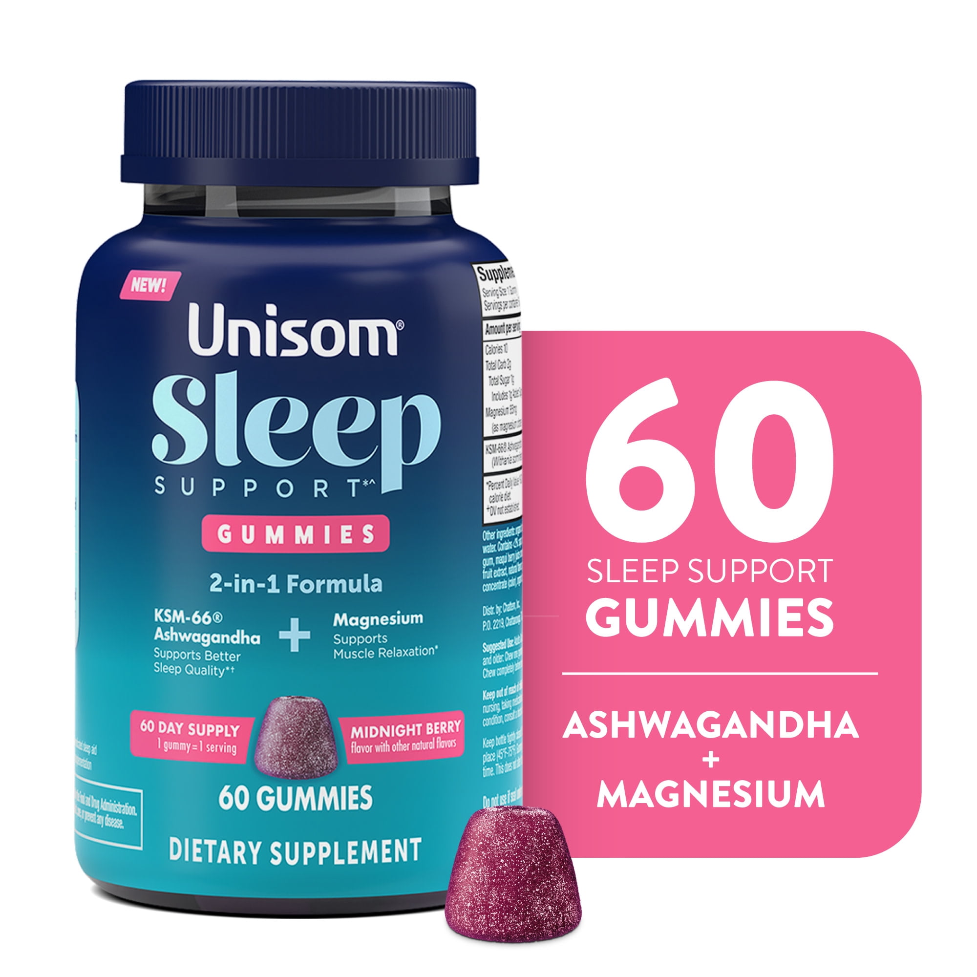 (2 pack) Unisom Sleep Support Gummies, 2-in-1 Magnesium Ashwagandha Drug-Free Formula, Supports Healthy Sleep Routines, Midnight Berry Flavor, 60 Count