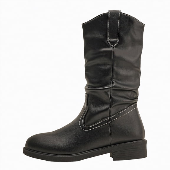 UngA Mid Calf Womens Boots Motorcycle Riding Boots with Buckle Straps Pull-on Low Block Heel Round Toe Slouchy Boots for Women Black,Size 6.5