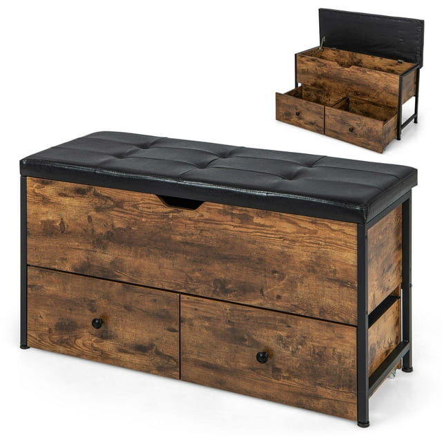 Costway Banc Ottoman de Rangement avec Dessus Rabattable Coffre de Rangement en Bois avec Coussin et 2 Tiroirs