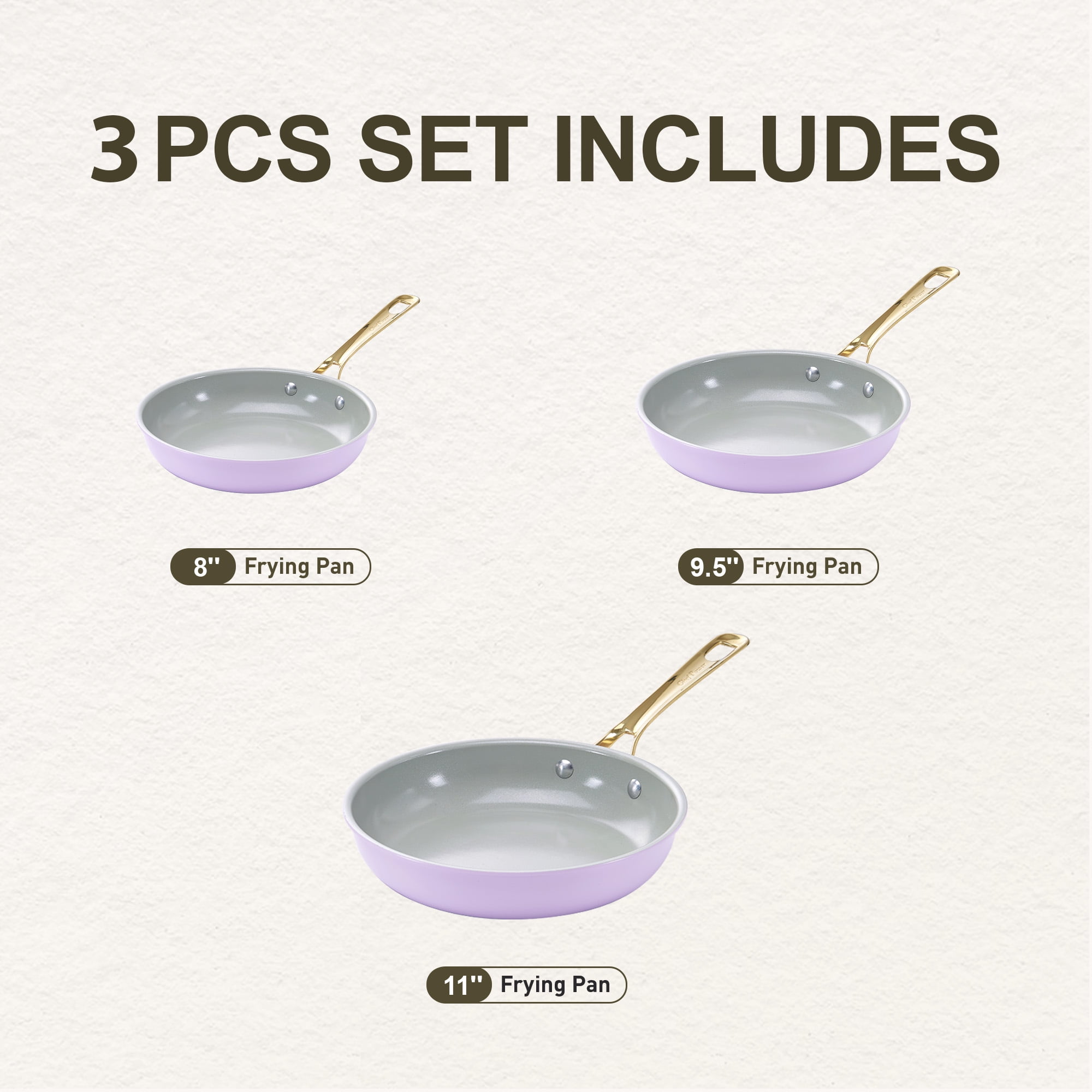 Chef Power 3 Piece Induction Compatible Ceramic Non Stick Cookware Set, Light Purple