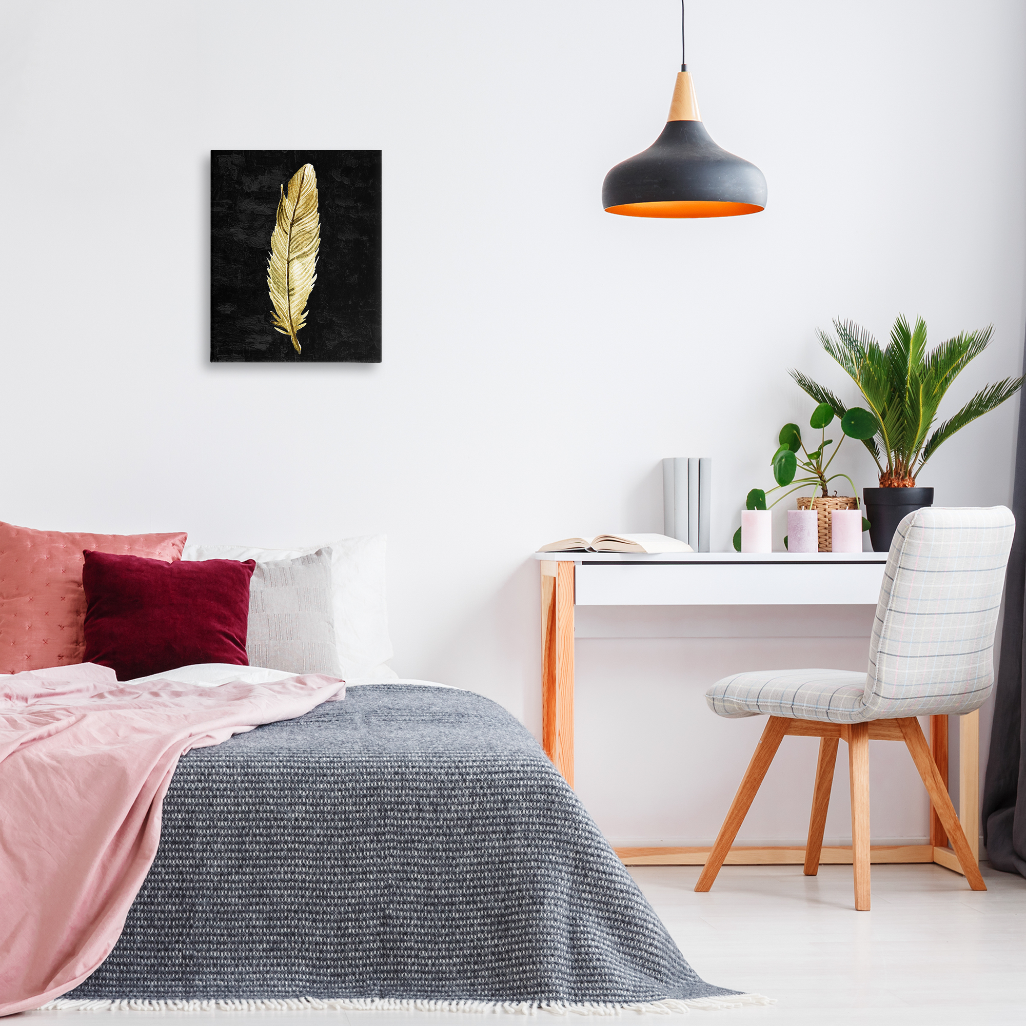 Curved Feather on Black Canvas Wall Art, design by Kim Allen