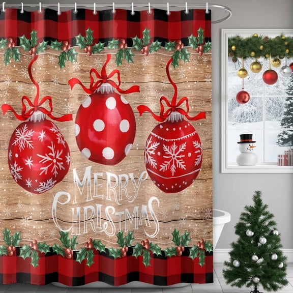 Merry Christmas Shower Curtains for Bathroom, Red Xmas Balls Poinsettia Retro Wood Red Plaid Waterproof Fabric Shower Curtain for Bathroom Bathtub Decoration, Machine Washable, 72"x72"