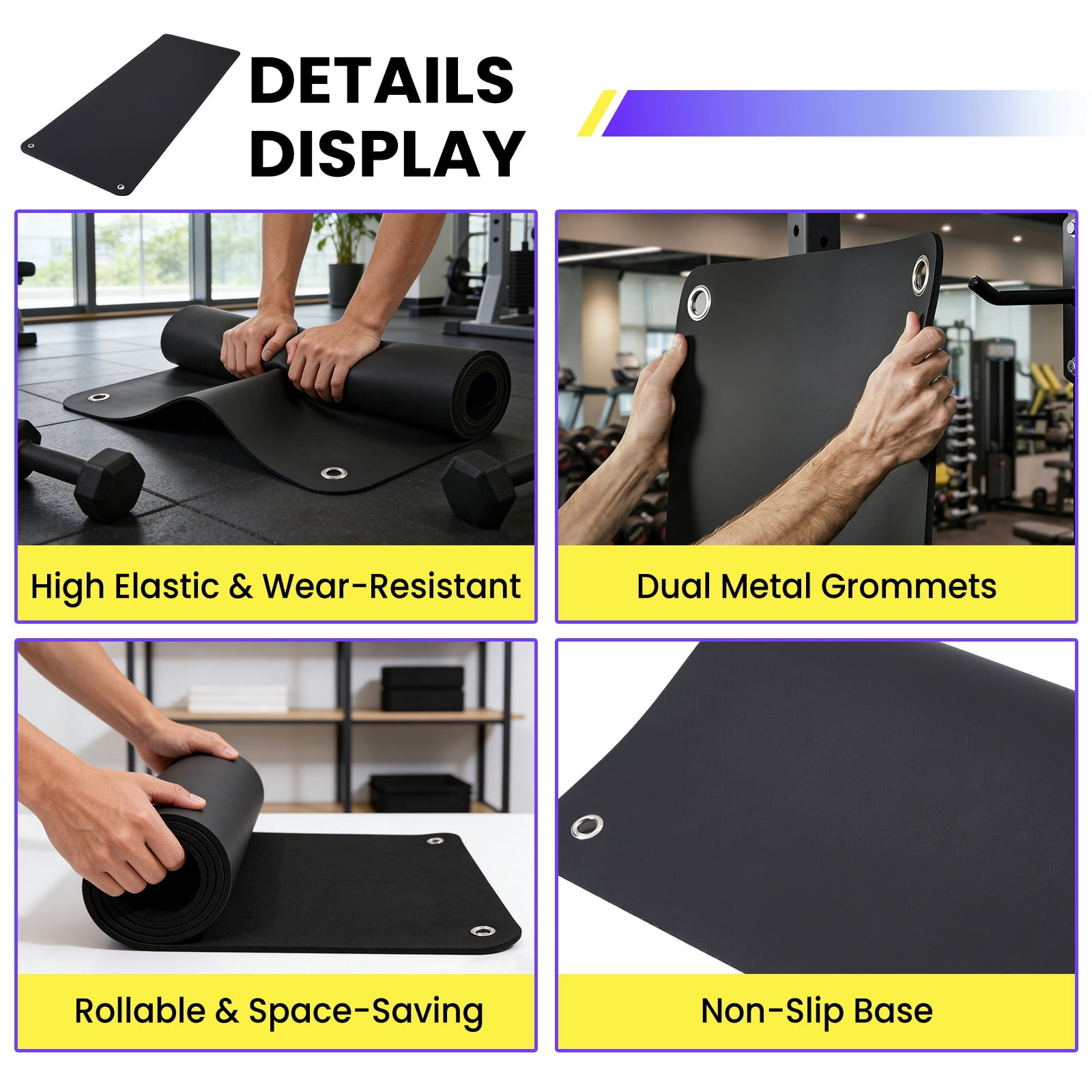 MAROUTE Commercial Grade Hanging Exercise Mat – Durable 5mm Thick PVC Yoga & Workout Mat with Reinforced Holes – Ideal for Home Gym, Pilates, Stretching, Group Fitness – Black