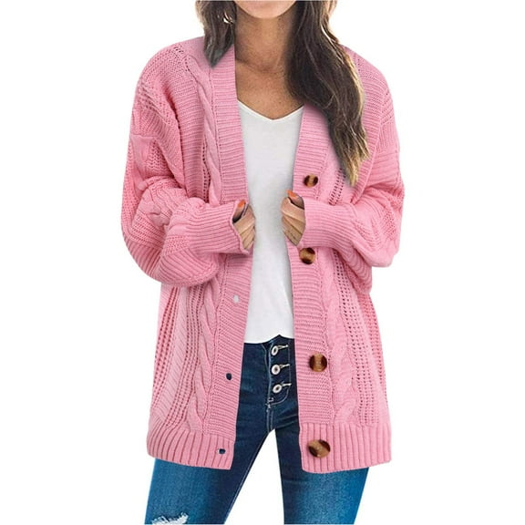 Arlun Women's Open Front Cardigan Sweaters 2025 Fashion Button down Cable Knit Aran Outerwear Coats Solid Color Long Sleeve Loose Fit Winter Clothing for Women Pink S