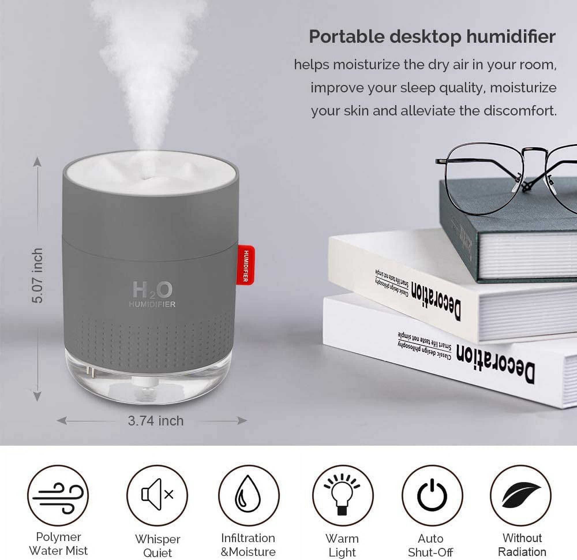 Portable Mini Cool Mist Humidifier, 500ml USB Personal Desktop Humidifier for Baby Bedroom Travel Office Home, Auto Shut-Off, 2 Mist Modes, Super Quiet, Gray