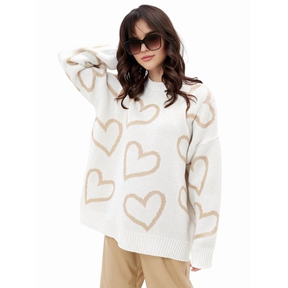 Women'S Casual Heart Print Crew Neck Long Sleeve Knit Top Loose Pullover Sweater Khaki One Size