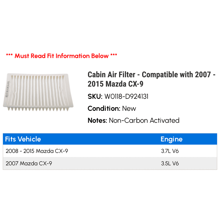 Cabin Air Filter Compatible with 2007 2015 Mazda CX 9 2008 2009 2010 2011 2012 2013 2014