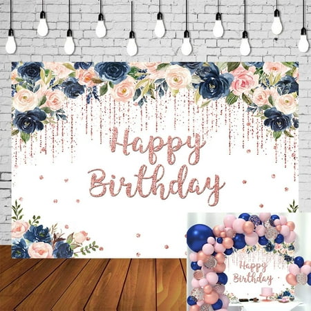 Image of Birthday Flower Backdrop Blush Pink Navy Floral Rose Gold Glitter Photography Background Girl Kids Women Adult Birthday Party Cake Table Decoration Photoshoot Props 6x4FT
