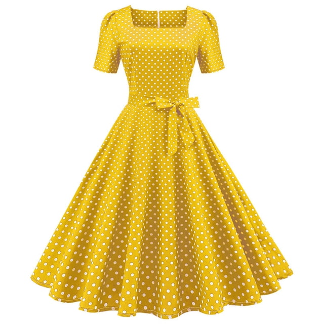Jienlioq Robe Femme Grande Taille Liquidation Mode Robe Vintage Évasée Ligne A Nœud Papillon Bal Swing Manches Courtes Imprimé à Pois Robe de Soirée