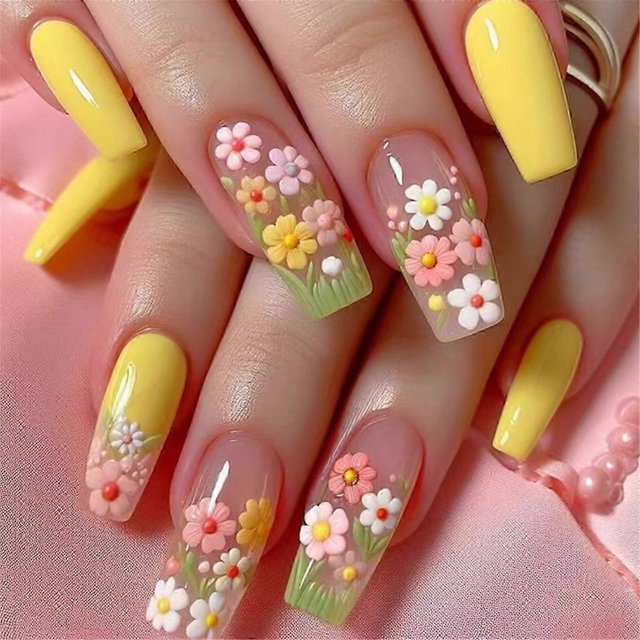 Square Press on Nail Flower Fake Nail Stick on Nail in 12 Sizes,24 Pcs French