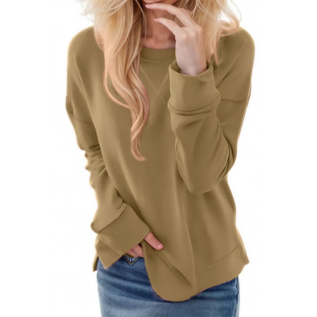 Timegard Womens Sweatshirts Crewneck Drop Shoulder Long Sleeve Side Split Pullover Tops Loose Comfy