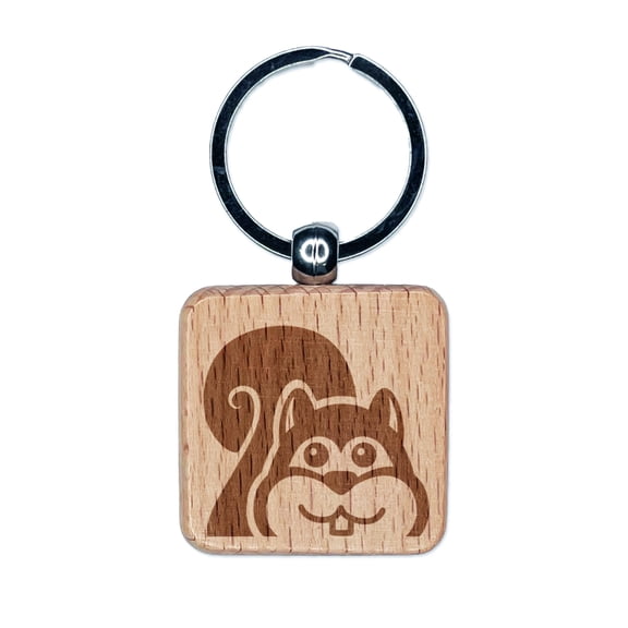 Peeking Squirrel Square Keychain Charm Tag - Engraved Wood
