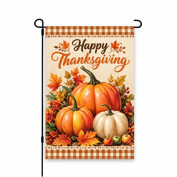 Happy Thanksgiving Garden Flag, Pumpkins & Autumn Leaves Design, 12 x 18 Inch Yard Flag for Fall Outdoor Decor, Perfect for Garden, Patio, Lawn