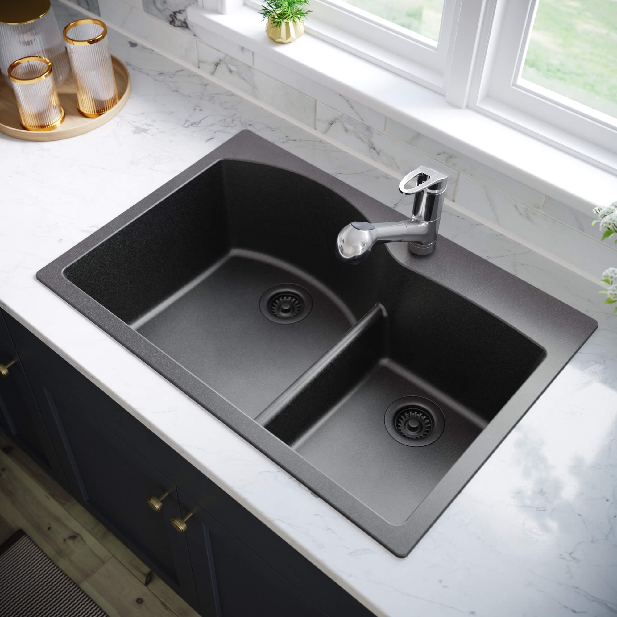 T811Black Quartz Composite Sink with Matching Strainers