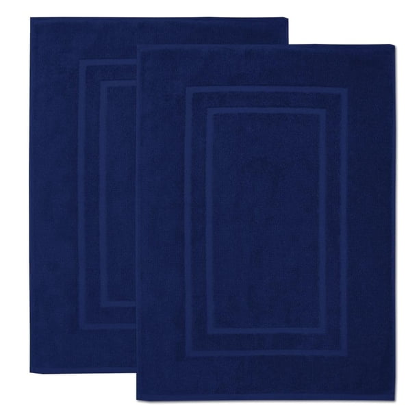 Alfombra de baño con estampado de plumas y puntadas, 100% algodón, color azul marino