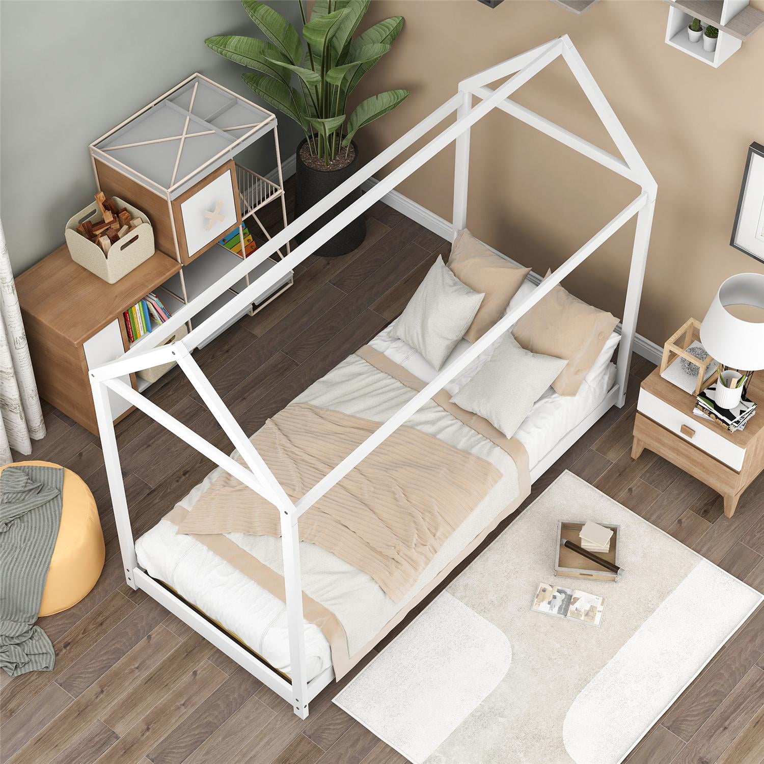 White Twin House Bed for Kids, Pine Wood Toddler House Bed Frame, Floor Canopy Bed with 6 Wooden Slats for Boys Girls Teens Children, Nursery Furniture, No Box Spring Needed, 76.1 x 41.5 Inch