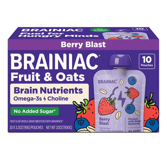 Brainiac Brain Squeezers Fruit & Oat with Omega-3s, Berry Blast, No Sugar Added, 3.2 oz, 10 pack