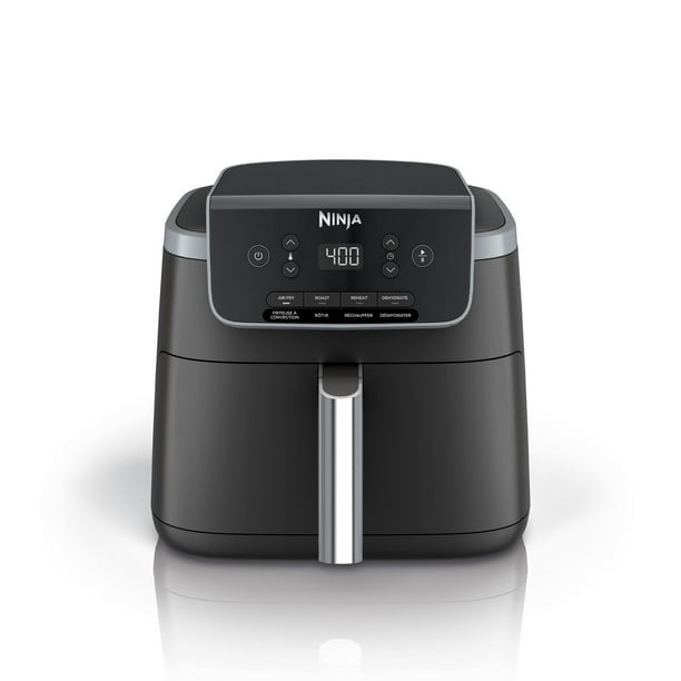 Ninja Air Fryer Pro 4-in-1 with a 4.7L (5QT) capacity in black, shown in a front-facing view. Features a digital control panel with options for air fry, roast, reheat, and dehydrate. Ideal for healthy cooking with up to 75% less fat. Includes a nonstick basket and crisper plate for easy cleanup. Compact design suitable for countertops.
