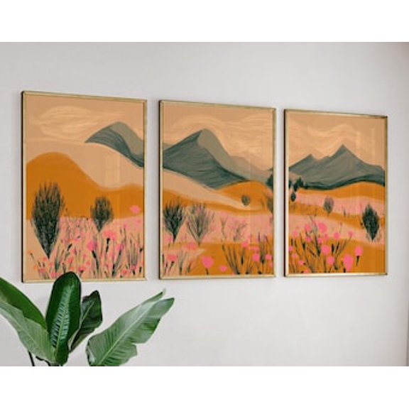 Abstract Landscape Botanical Posters, Warm Earth Tones Wall Art, Modern Triptych, Poster Only