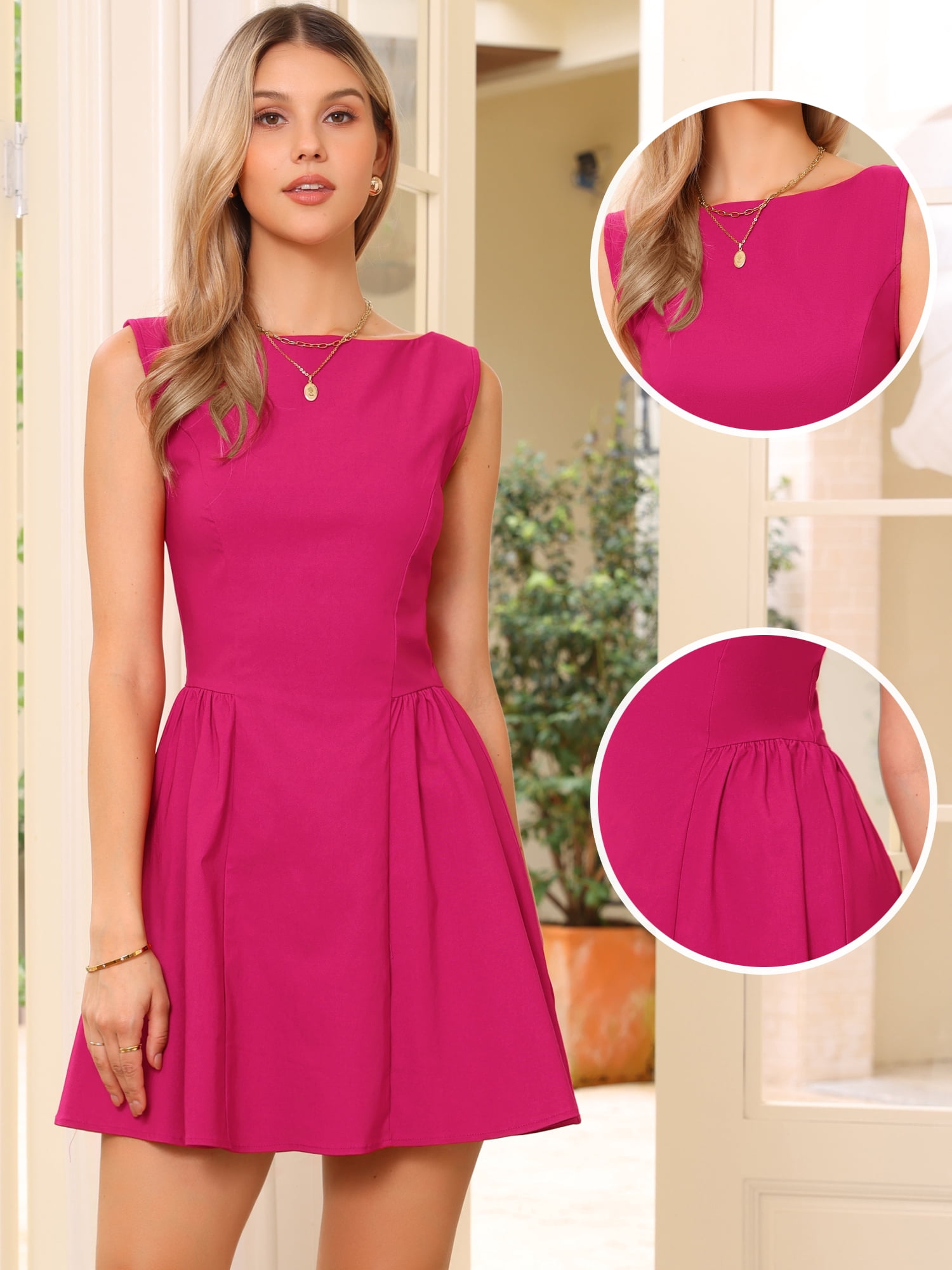 DARING DIVA Women's Sleeveless Boat Neck A Line Office Work Dress XL Hot Pink