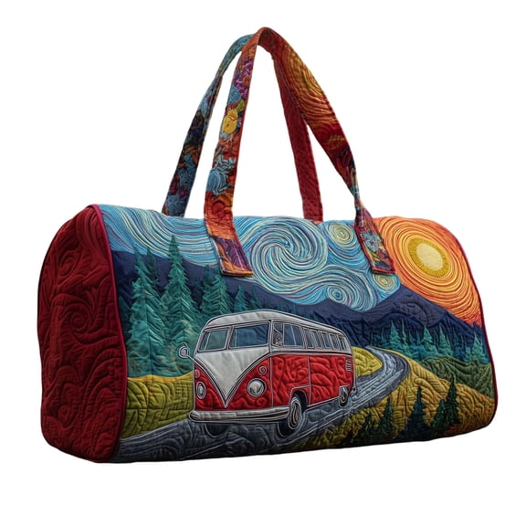 Retro Bus Embroidered Canvas Travel Bag, Large Capacity Quilted Duffel handbags for Unisex Gym, Sports, and Short-Term Travel